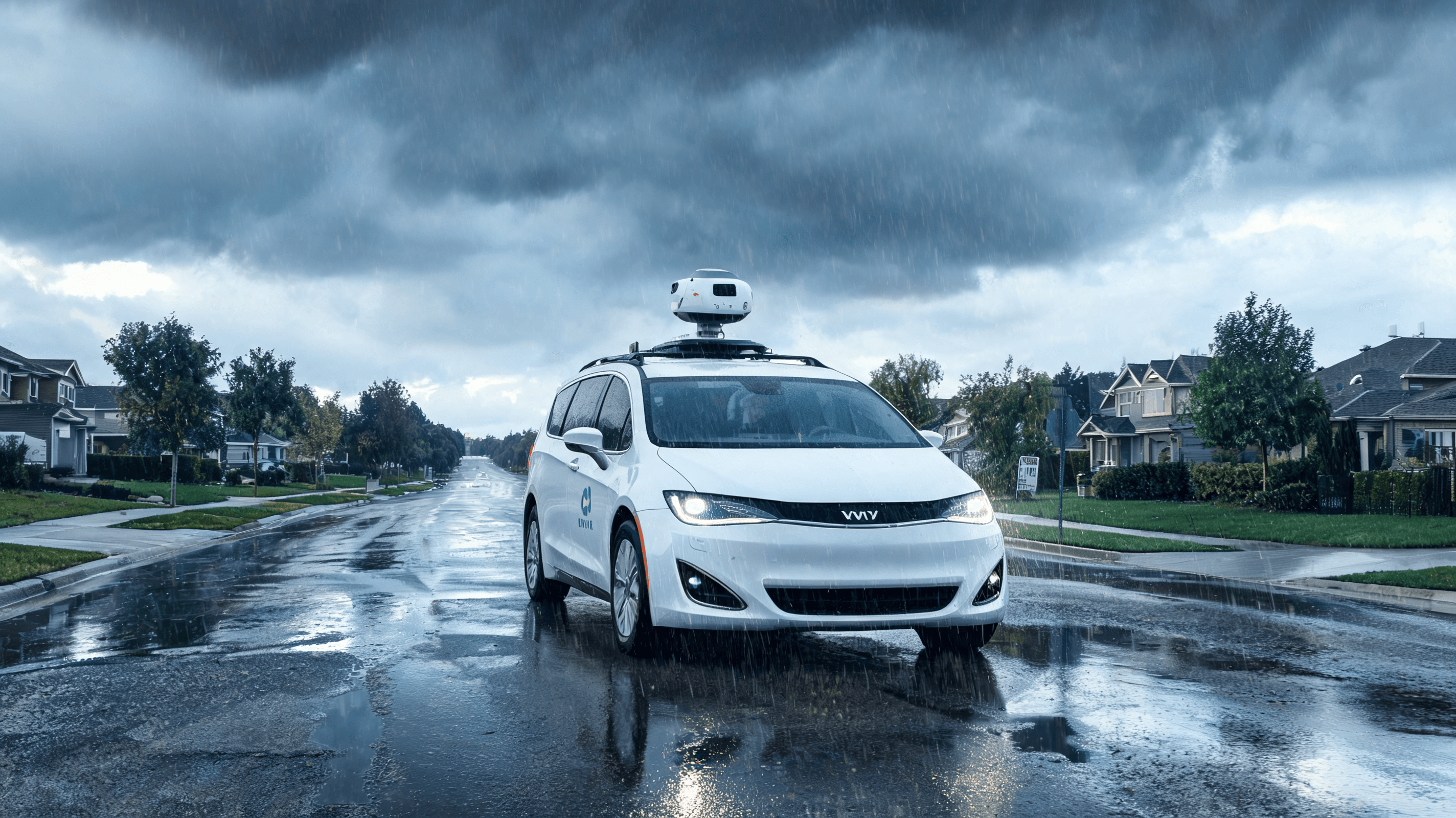 A Waymo autonomous vehicle seen navigating a rainy suburban street, with focus on the specialized se