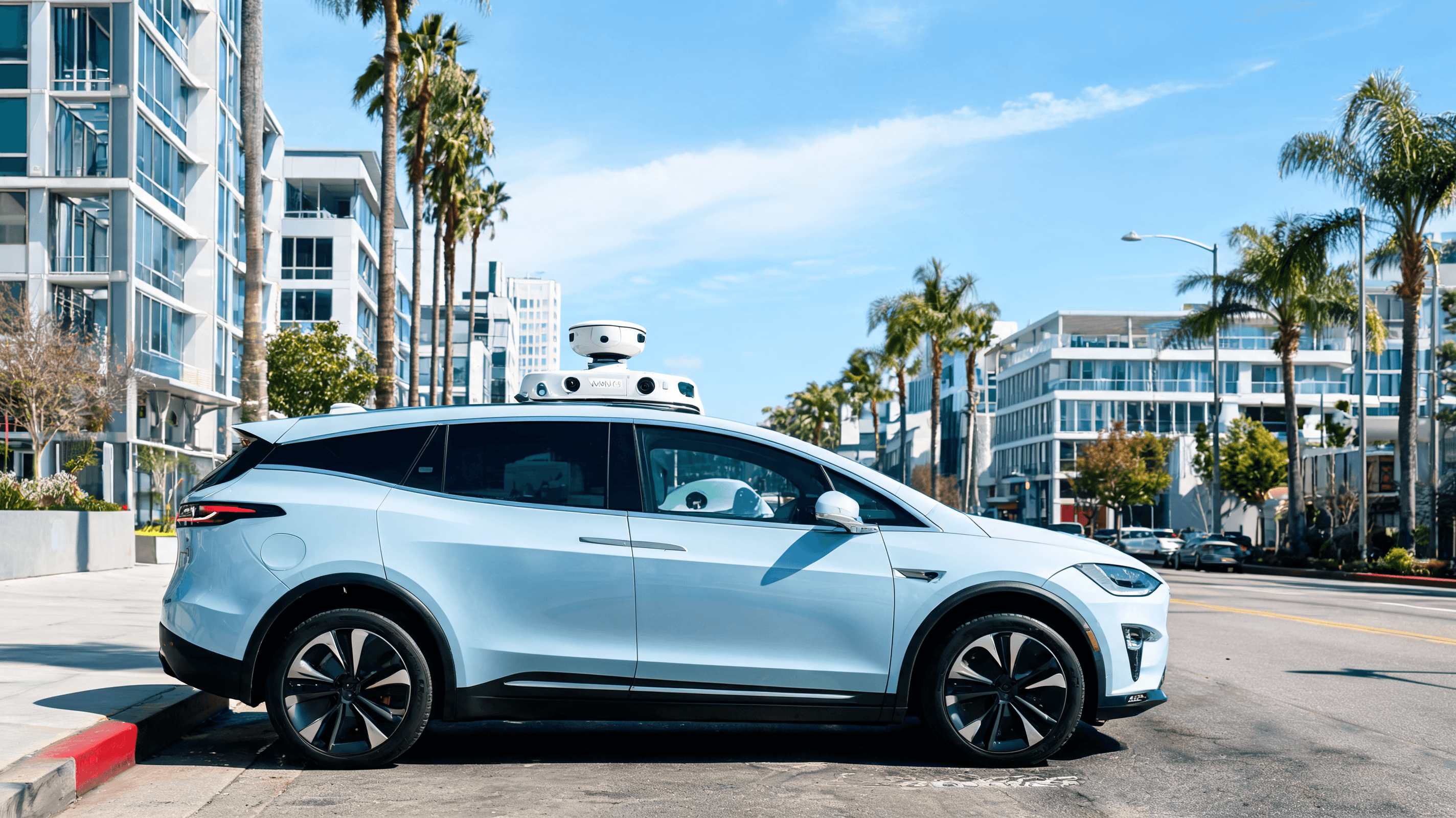 A side-profile shot of a sleek, pale-blue Waymo robotaxi parked on a bright sunny street in a modern