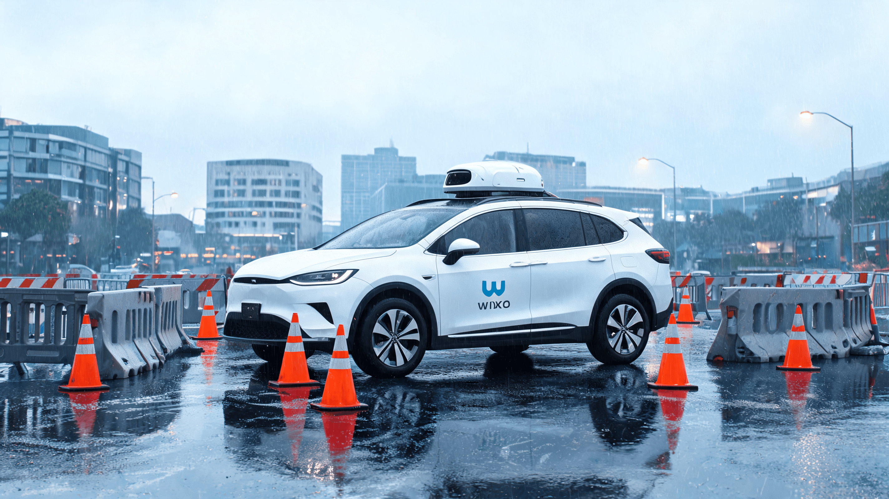 A modern Waymo robotaxi stopped in an urban construction zone, surrounded by traffic cones and tempo