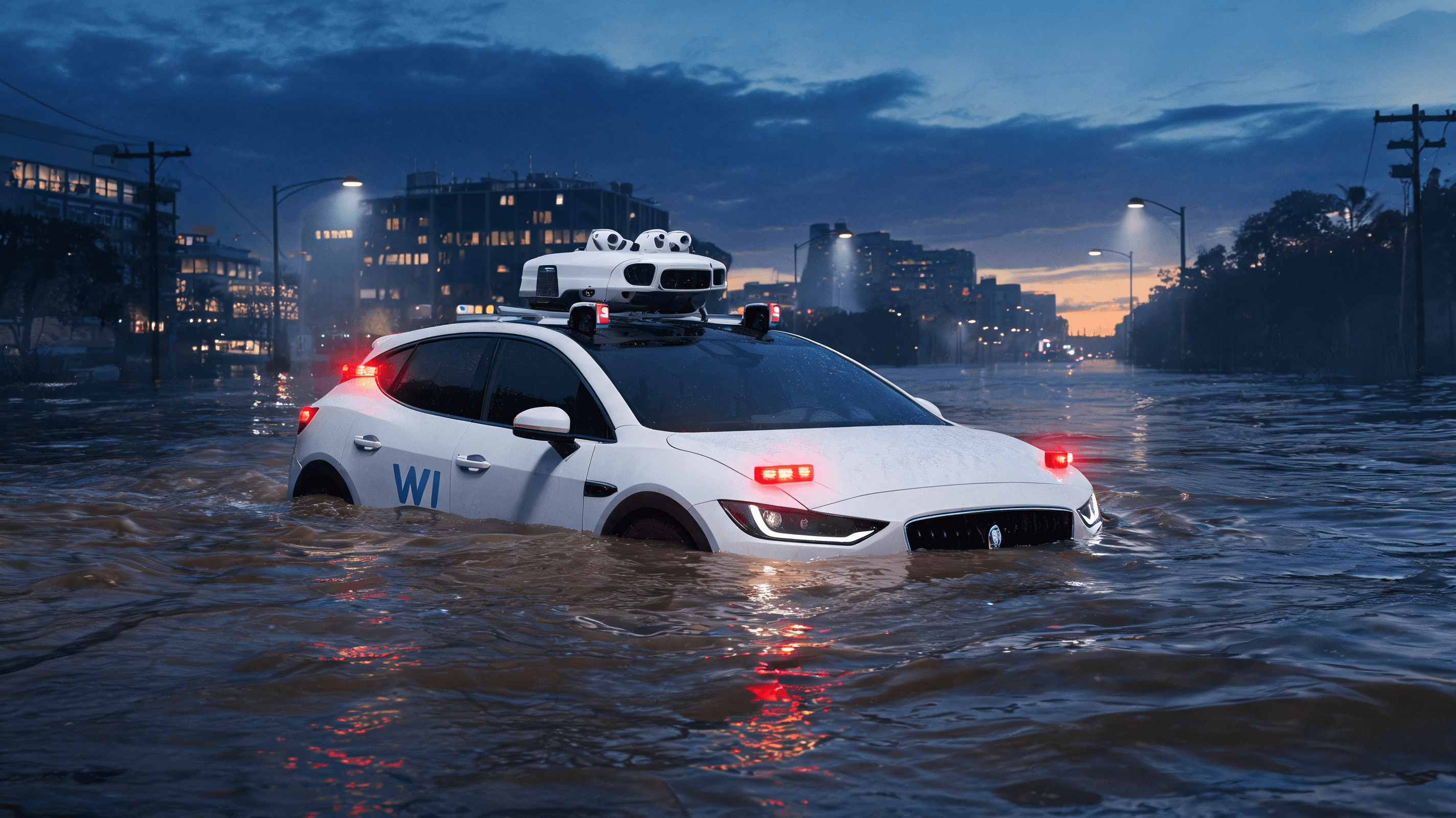 A Waymo robotaxi partially submerged in a flooded urban street with flashing warning lights, moody e