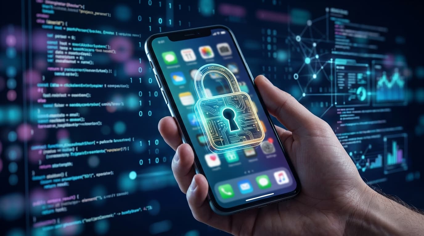 A close-up of a digital padlock on a smartphone screen, symbolizing cybersecurity protection, with c