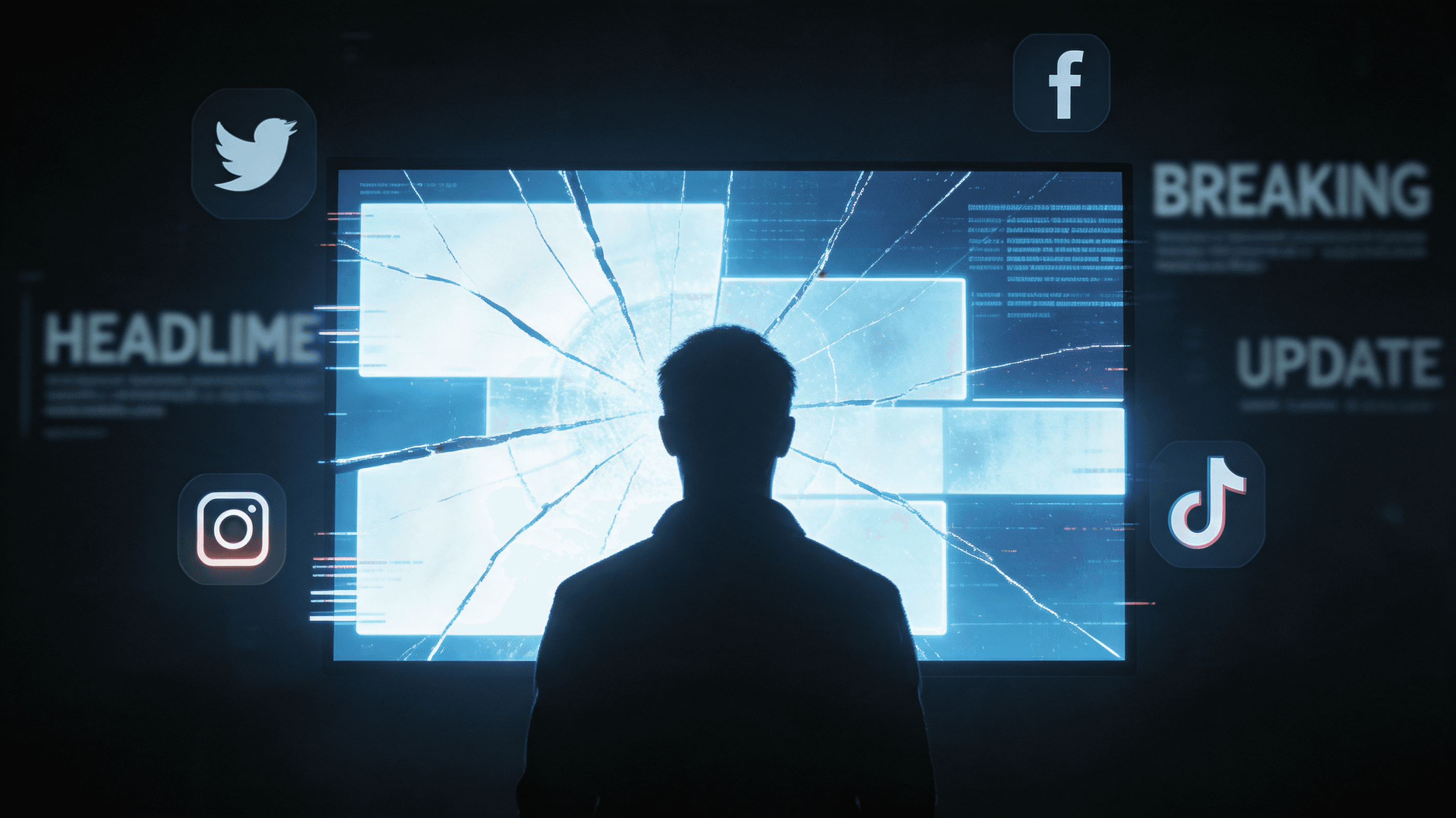 A conceptual illustration showing a digital news environment, with social media icons and text fragm