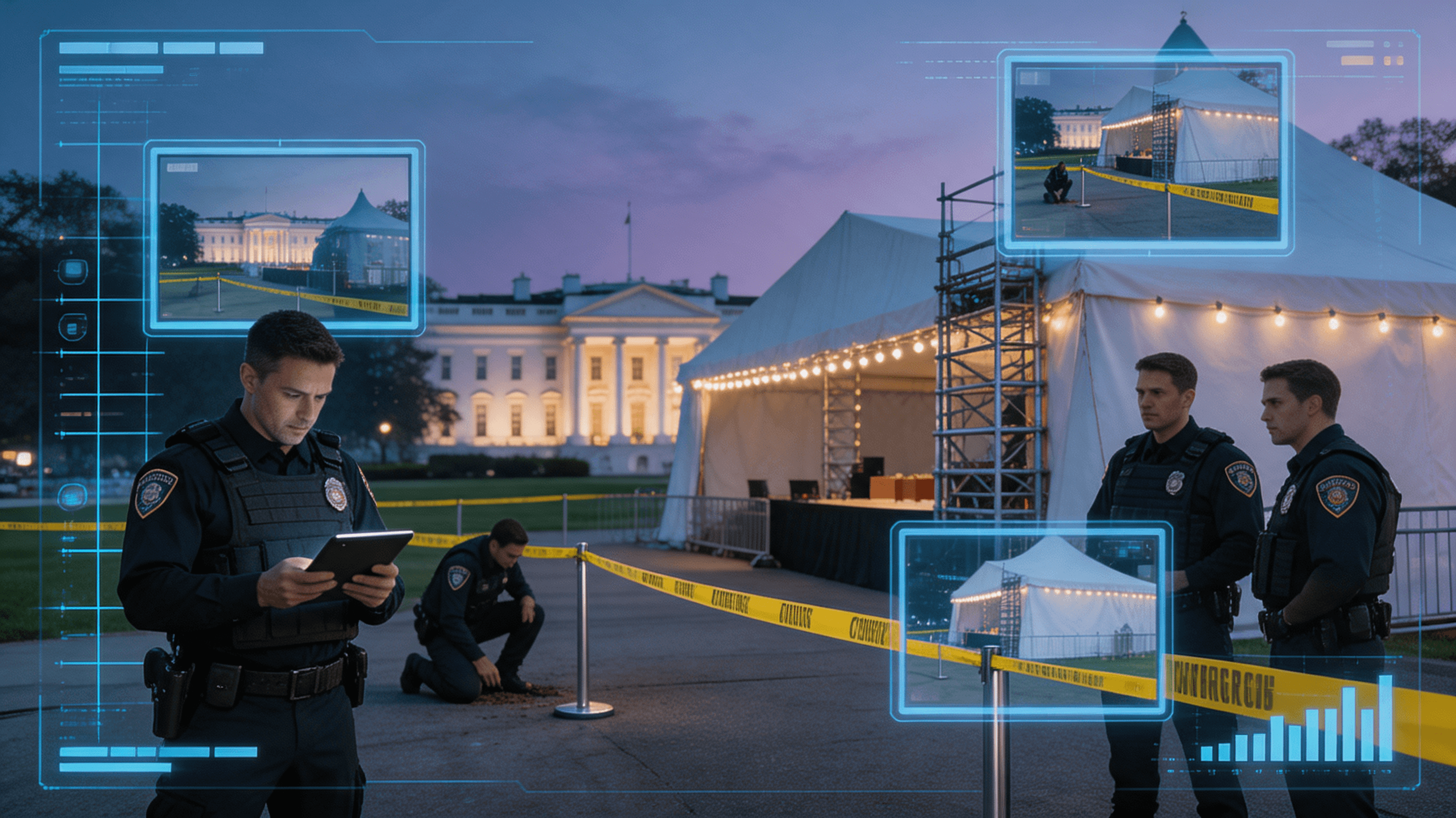 A dramatic and somber scene of federal investigators conducting an inquiry at the site of the White