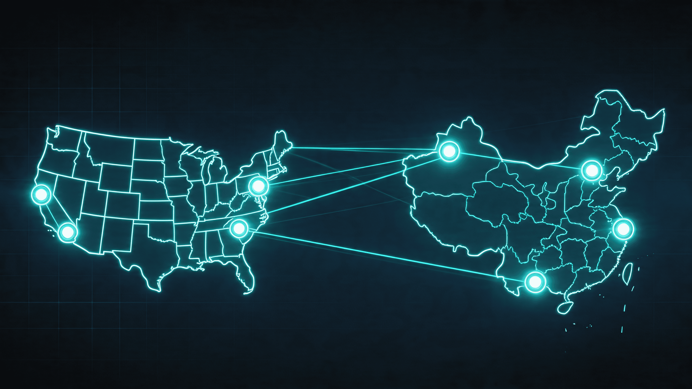 A cinematic representation of a digital map showing abstract network connections between the US and