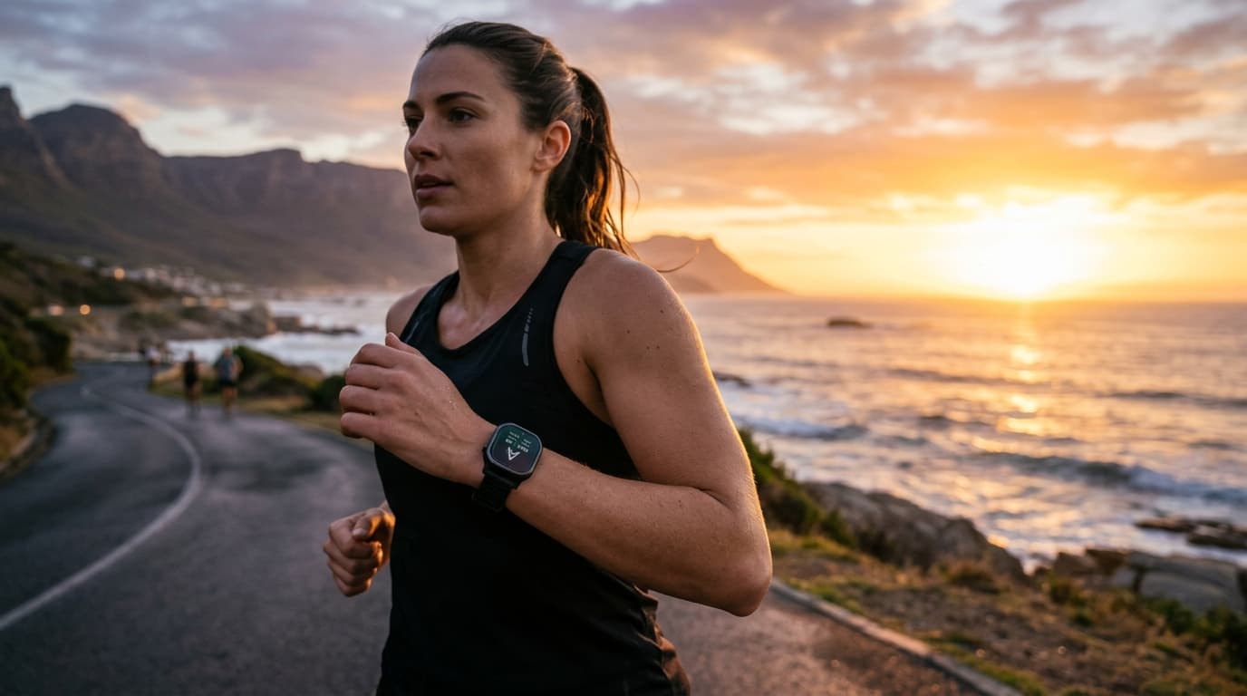 A professional high-end fitness tracking wearable on a runner's wrist at sunrise, cinematic lighting