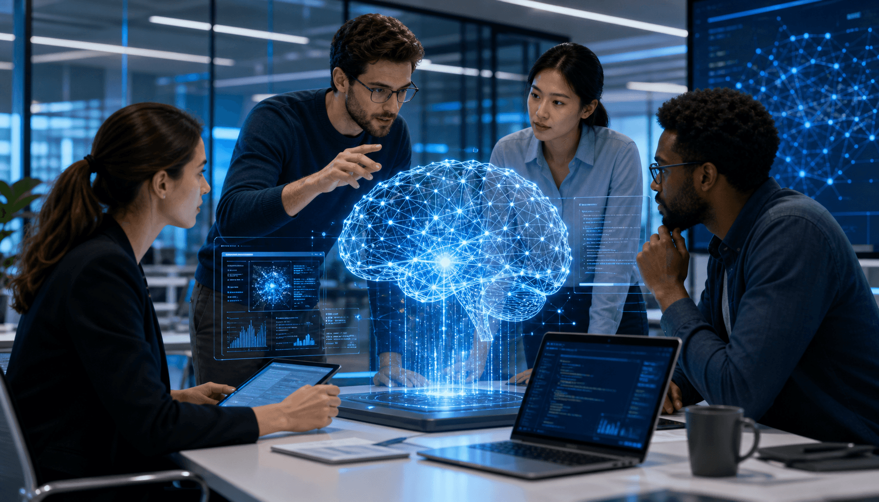Modern office interior, team collaborating on AI development with holographic neural network interfa
