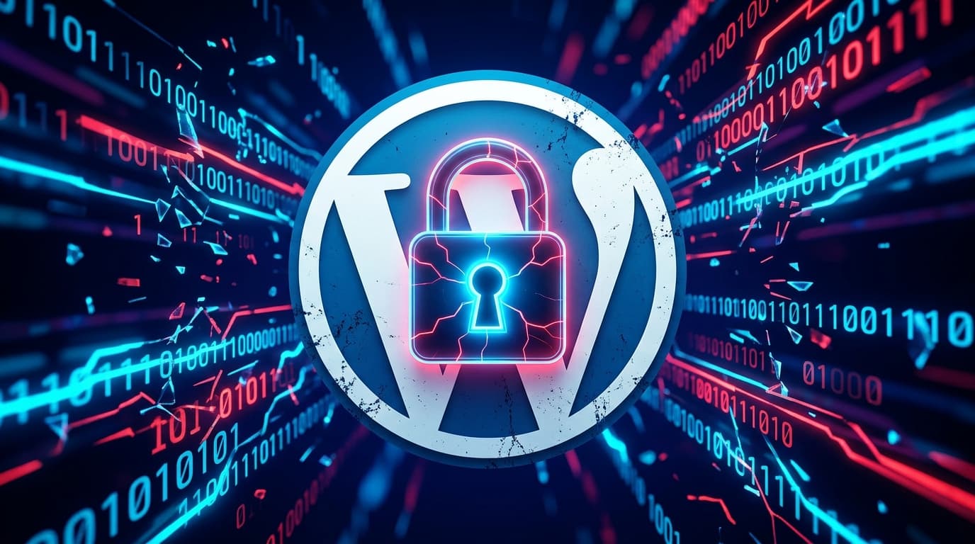 A close-up of a digital padlock icon superimposed on a WordPress logo, with fractured binary code sc