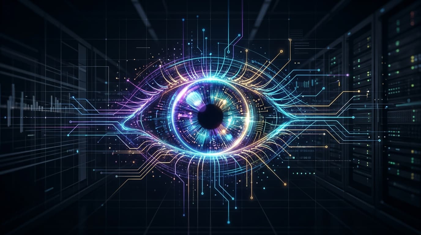 A futuristic glowing iridescent iris eye graphic blending with digital connectivity lines, professio