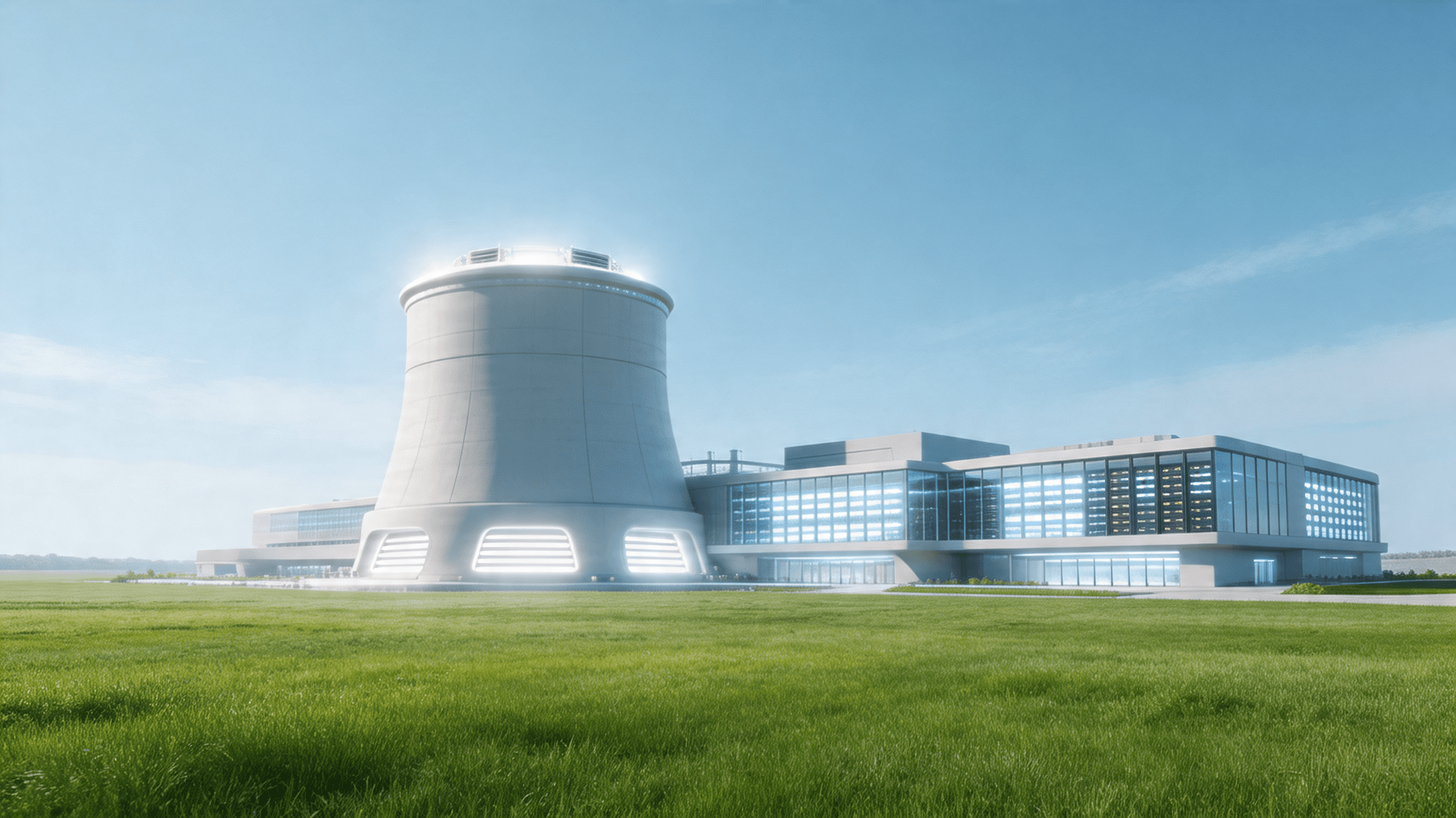 Futuristic clean nuclear energy reactor facility glowing with soft white light, integrated with mode