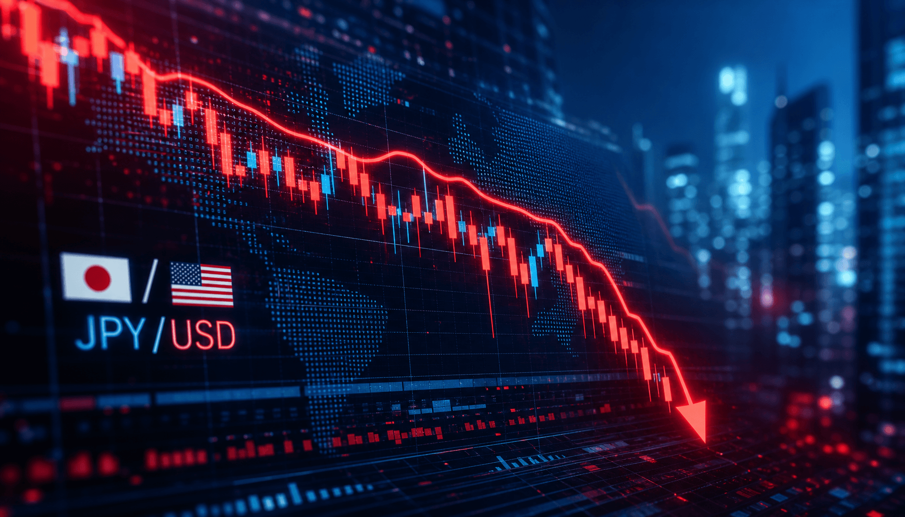 Digital stock market ticker showing the JPY/USD chart plummeting downward, blue and red neon lights,