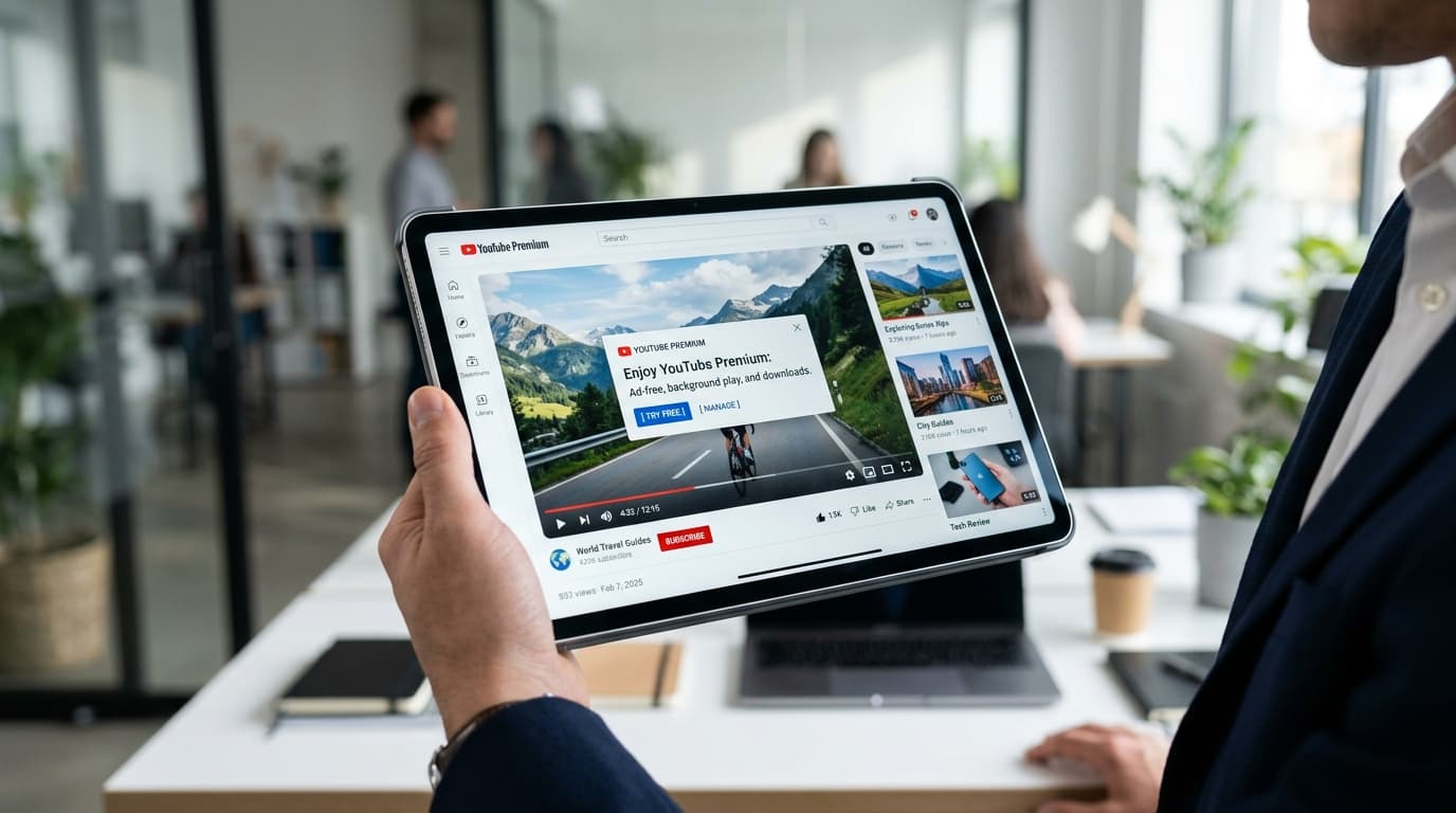 A clean, modern YouTube interface on a tablet screen, showing the Premium subscription notification