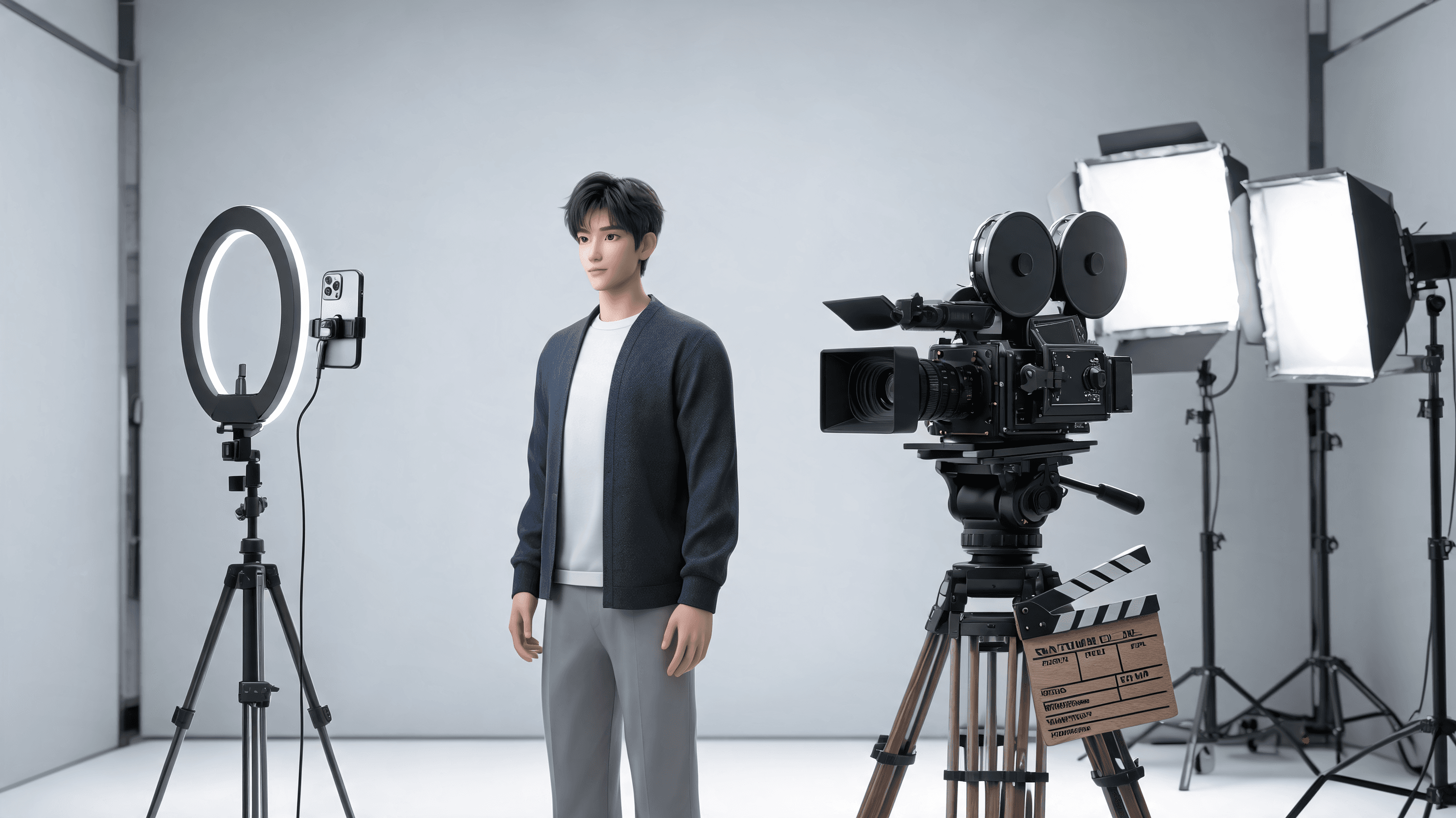 A modern, professional cinematic concept showing a digital YouTuber avatar standing alongside tradit