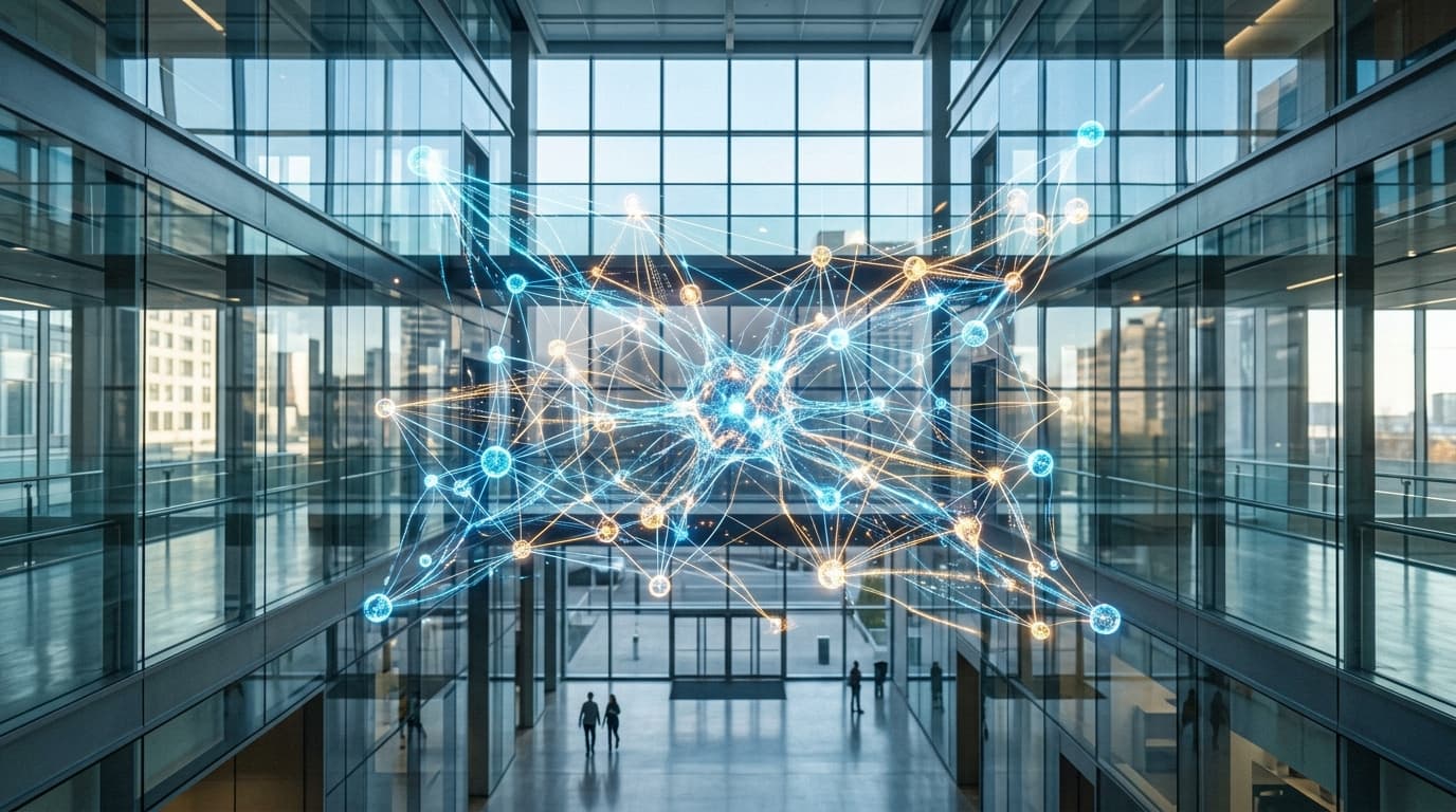 An artistic representation of a complex, neural network structure glowing with light, set in an open